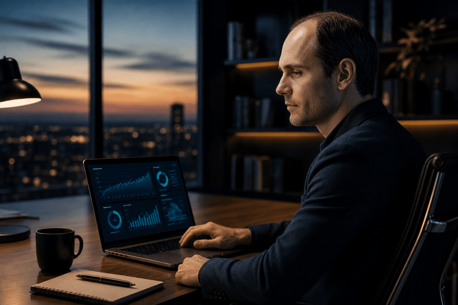 A business owner reviewing a dashboard on a laptop