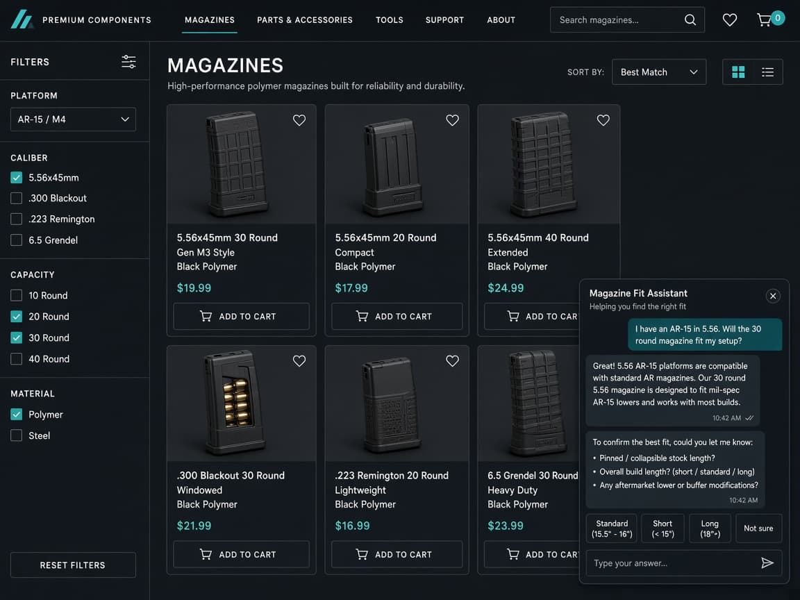 A manufacturer storefront with a chat widget helping a shopper choose the right magazine.