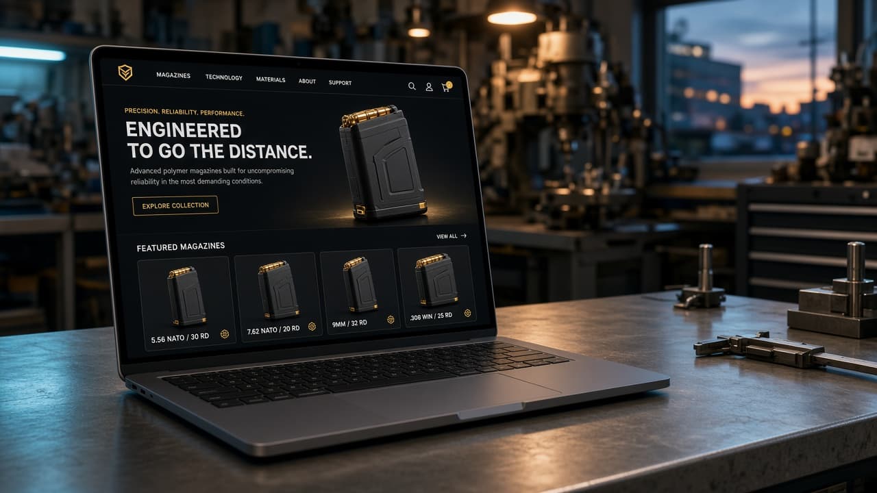 A manufacturer storefront on a laptop in a working shop.