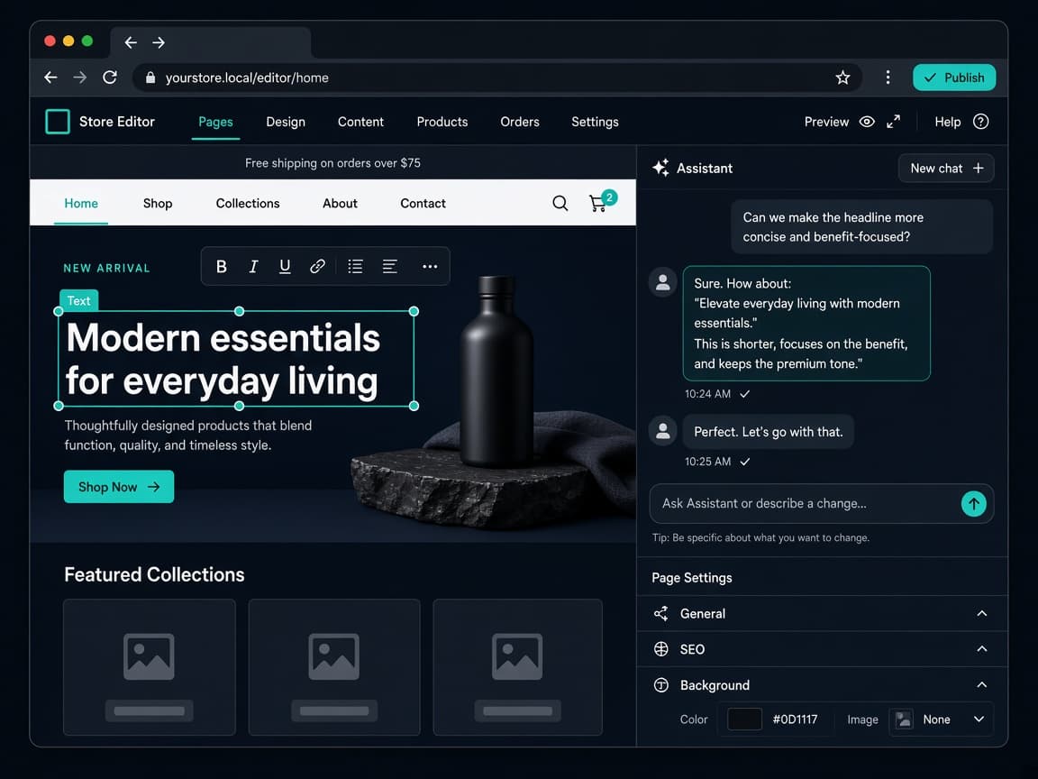 A website preview with a headline selected and a chat asking Mako to change it.