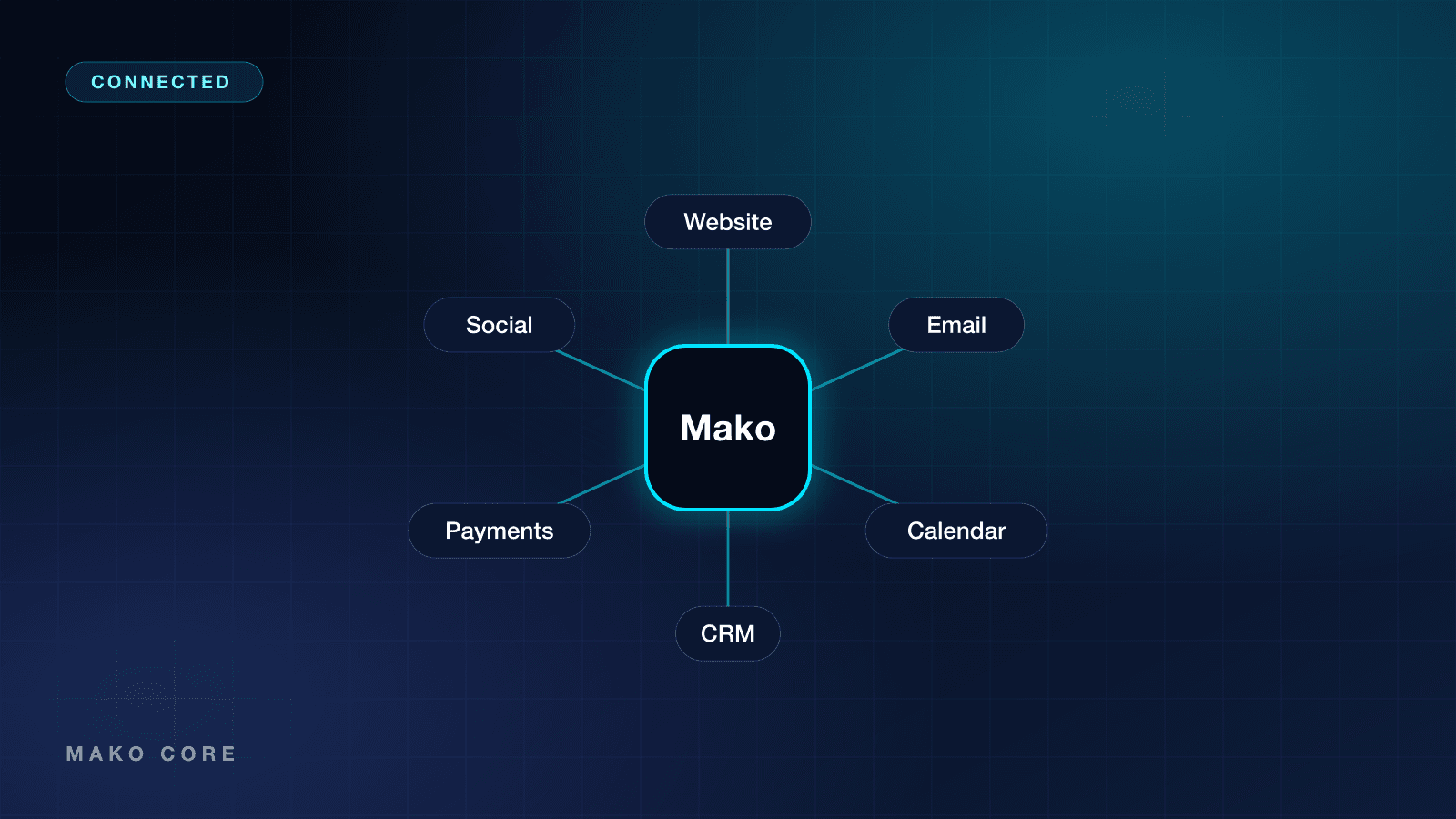 A business's tools — website, email, calendar, CRM, payments, social — connected to one Mako hub